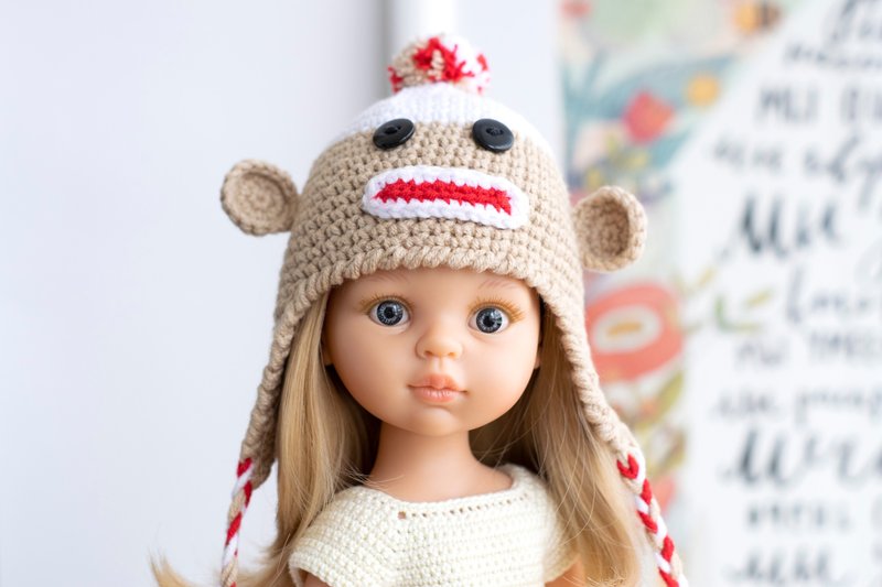 Knit hat for doll Paola Reina, Siblies, Corolle, Little Darling, monkey hat, 针织帽 - 寶寶/兒童玩具/玩偶 - 棉．麻 多色