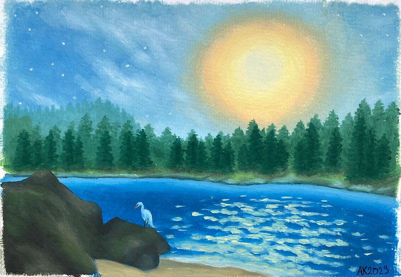 Calm Waters oil painting, lake illustration, home interior, bird, forest, travel - ตกแต่งผนัง - วัสดุอื่นๆ สีน้ำเงิน