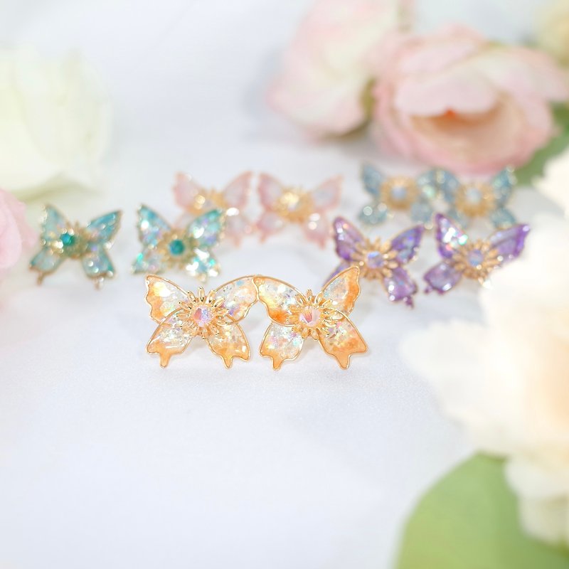 Crystal Resin Earrings Spring Butterfly Earrings and Clip-On - ต่างหู - เรซิน หลากหลายสี