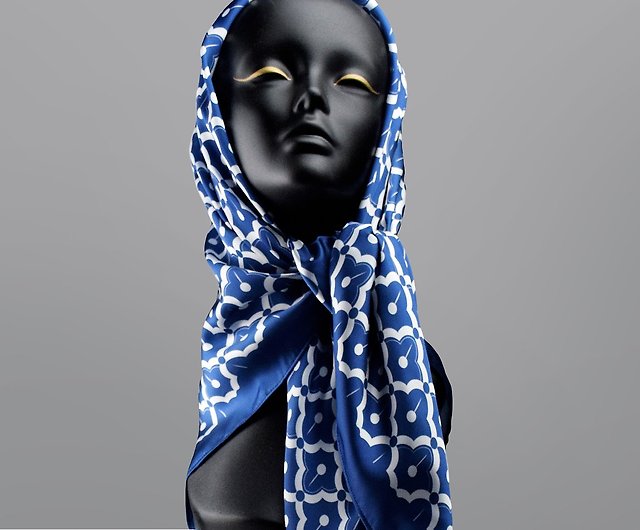 silk satin scarf for women - blue and gray