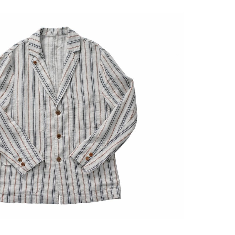 Linen Stripe jacket 復古剪裁法國亞麻水洗條紋西裝 斷碼清倉 - 男夾克/外套 - 棉．麻 灰色