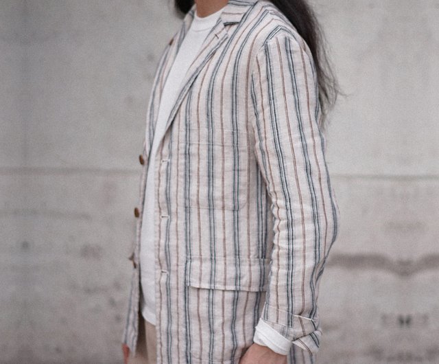 ennersse ストライプ ジャケット Lサイズ リネンストライプジャケット レトロカット フレンチリネン