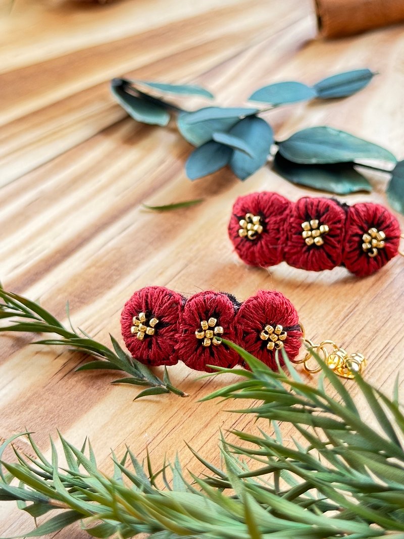 Embroidered earrings/handmade earrings/Japanese rice beads - ต่างหู - ผ้าฝ้าย/ผ้าลินิน สีแดง