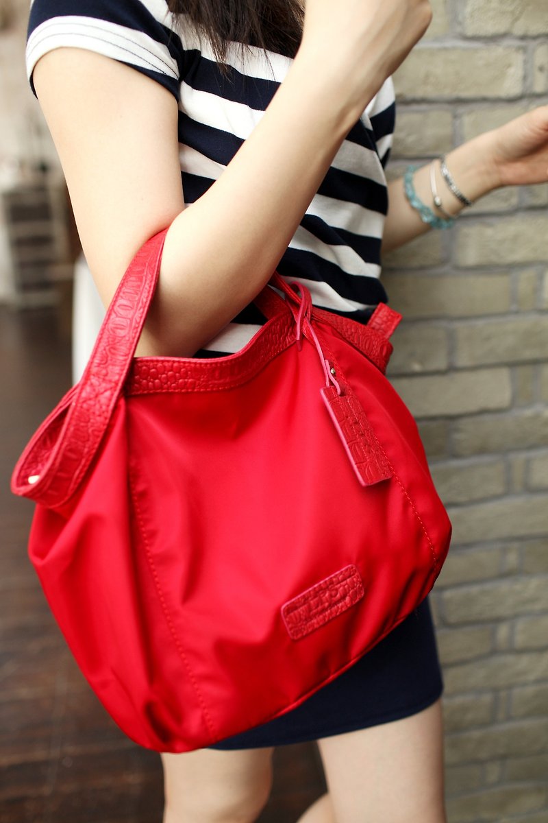 FUGUE Origin Lightweight Fashion - Cowhide MIX Nylon Tag Bag - Rose Red - Handbags & Totes - Waterproof Material Red