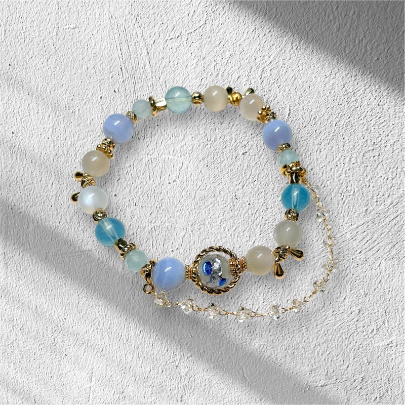 [Customized] Sparkling soda l handmade glass beads. Blue veined agate. Aquamarine. backbone moonshine - สร้อยข้อมือ - คริสตัล สีน้ำเงิน