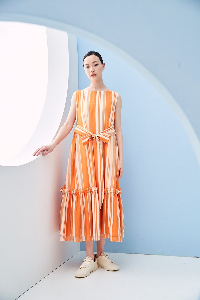 花邊綁帶洋裝 - 連身裙 - 其他材質 橘色