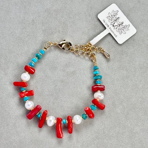 My Little Handmade 手作仔 紅色珊瑚珠+天然淡水珍珠+藍松石手鏈 JW159H-001