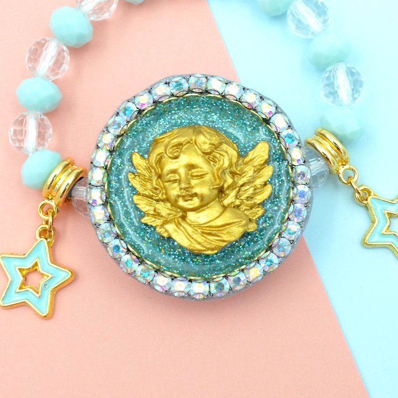 *TIMBEE LO Golden Little Angel Transparent Beaded Swarovski Crystal Bracelet Bracelet Blue Retro - สร้อยข้อมือ - วัสดุอื่นๆ สีน้ำเงิน