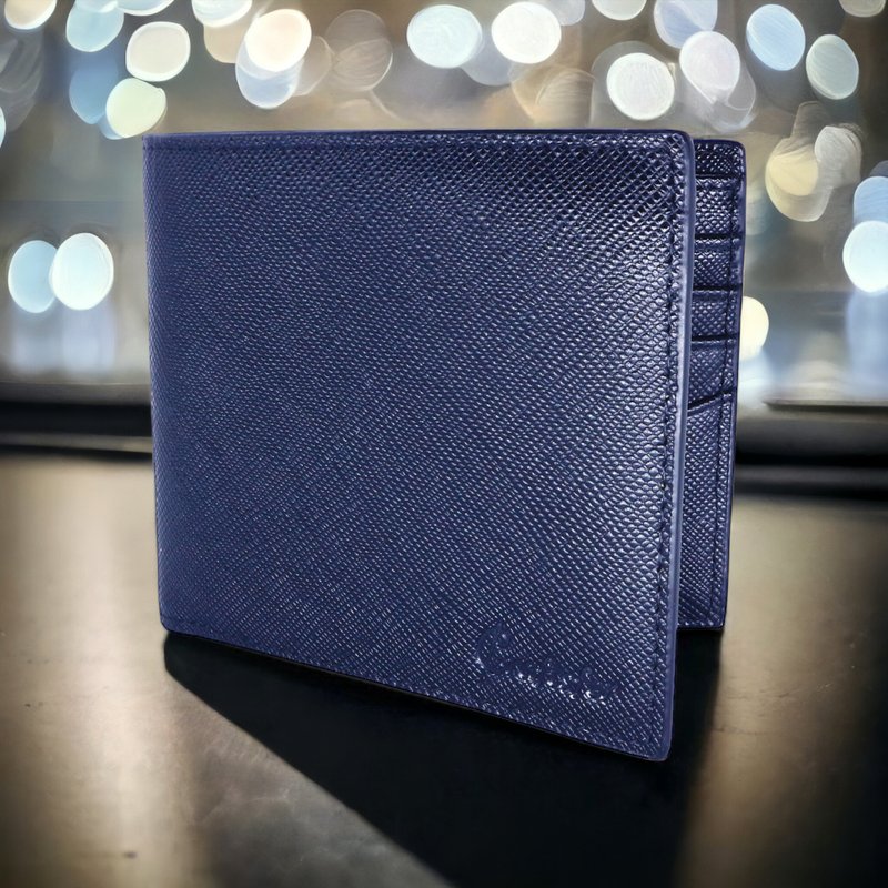 [Engraving] Series V Italian Cross Pattern Genuine Leather RFID Short Silver(Navy Blue) - กระเป๋าสตางค์ - หนังแท้ สีน้ำเงิน