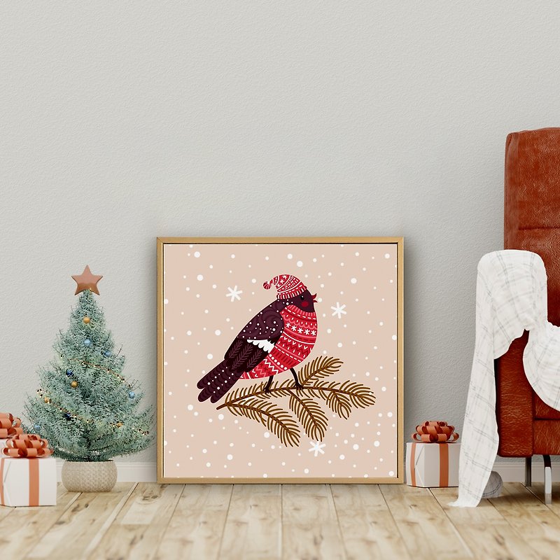 聖誕紅腹灰雀-可愛雀鳥穿毛衣掛畫/聖誕裝飾畫/臥室佈置/聖誕禮物 - 掛牆畫/海報 - 棉．麻 多色