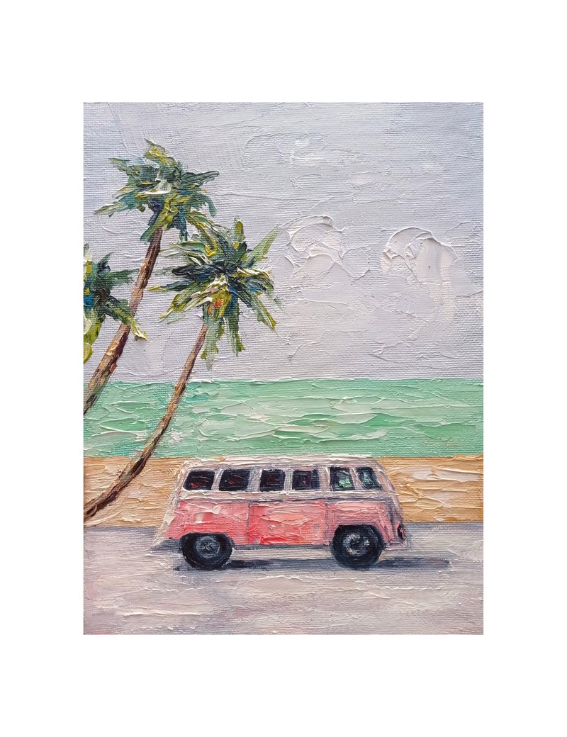Retro Car Painting Palm Tree Picture Beach Wall Art Ocean Painting Wall Decor - 海報/掛畫/掛布 - 其他材質 多色