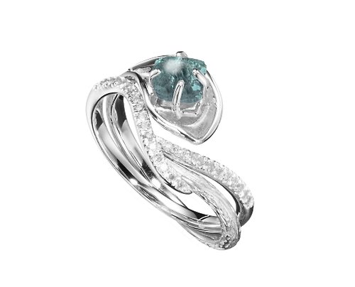 Majade Jewelry Design 藍寶石14k金鑽石馬蹄蓮結婚戒指組合 海芋花原石密鑲求婚戒指套裝