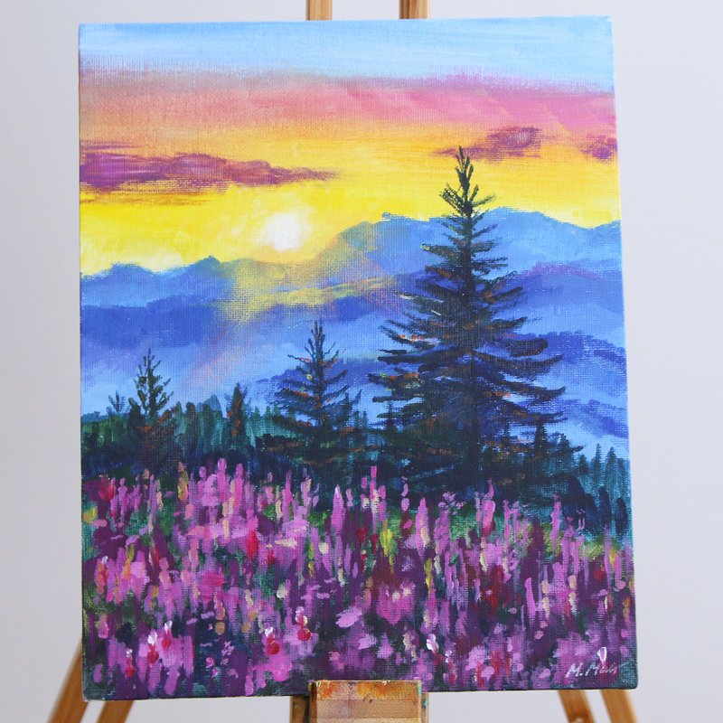 Landscape original Acrylic Painting on Canvas Mountains painting Sunset Paintin - 海報/掛畫/掛布 - 棉．麻 多色
