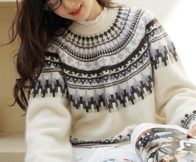 Warm White Nordic Secret Retro Fair Isle Jacquard Rabbit Fur