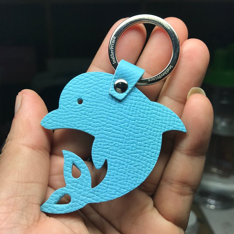 {Leatherprince handmade leather} Taiwan MIT blue cute dolphin silhouette version leather key ring / Dolphin Silhouette epsom leather keychain in baby blue (Small size / - ที่ห้อยกุญแจ - หนังแท้ สีน้ำเงิน