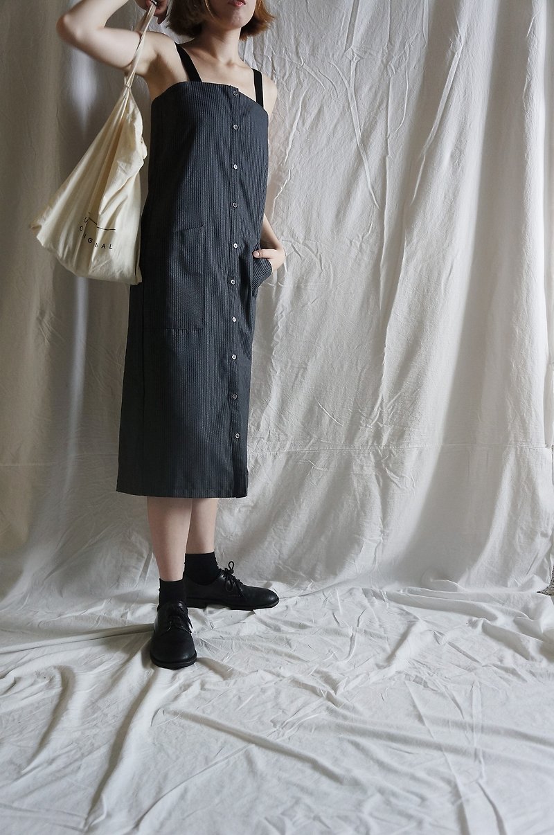 camisole dress gray striped buckle ribbon sling dress - One Piece Dresses - Other Man-Made Fibers Gray