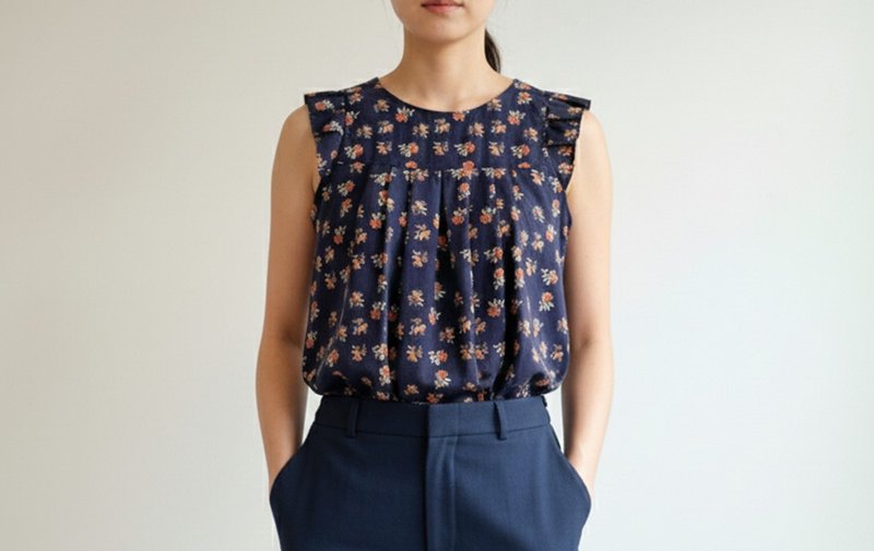 Sleeveless top, folded sewn sleeves, navy blue with orange flowers - Women's Tops - Cotton & Hemp 