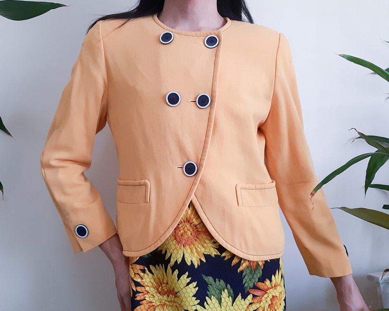 小號 - BILL BLASS 復古 90 年代黃色羊毛雙排扣夾克 - 女大衣/外套 - 羊毛 黃色