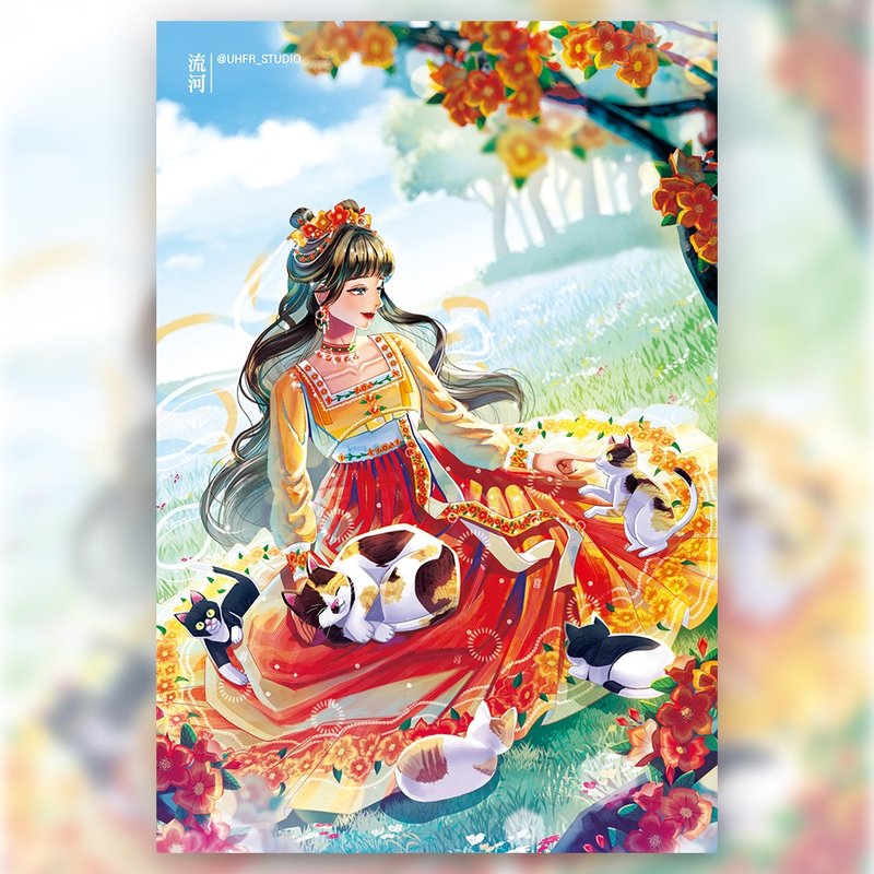Pomegranate flowers and cats - girl Korean Hanbok illustrated postcard (uha) - 卡片/明信片 - 紙 紅色