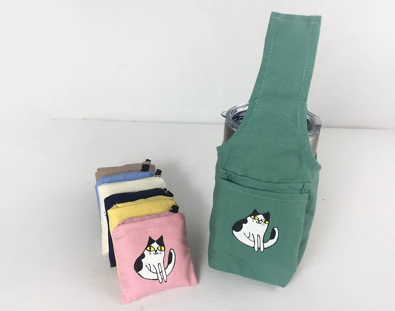 Eco-friendly beverage bag / cow cat - ถุงใส่กระติกนำ้ - ผ้าฝ้าย/ผ้าลินิน สีเขียว