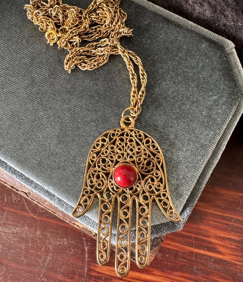 -古董金色蕾絲法蒂瑪之手HAMSA 護身符 項鍊LISNER N367 - 項鍊 - 其他金屬 金色