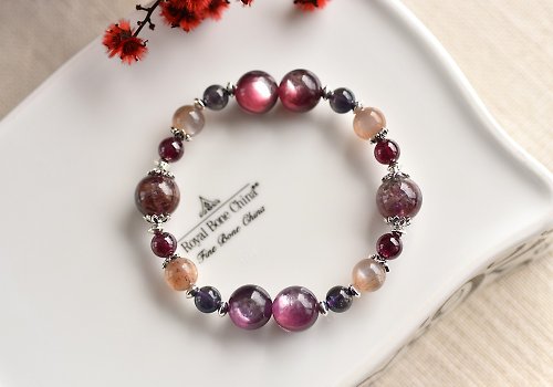 CaWaiiDaisy Handmade Jewelry 紫鋰雲母+極光水晶+堇青石+太陽石+石榴石+純銀水晶手鍊