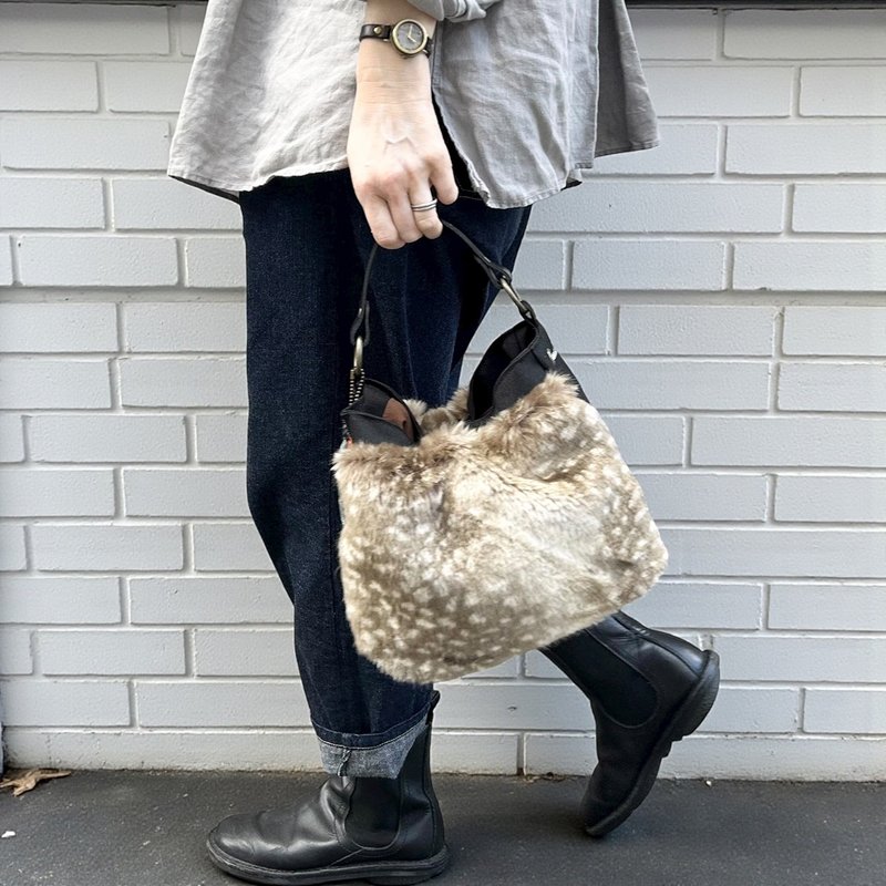 BALON-mini　ブラック×バンビDB  CORDURA　撥水加工ナイロン素材×フェイクファーバッグ - 手提包/手提袋 - 尼龍 黑色