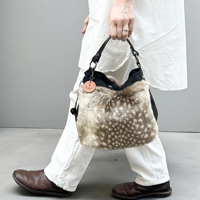 BALON-mini 黑色 x 斑馬紋DB CORDURA® 防潑水尼龍材質 x 人造毛包款 - 手提包/手提袋 - 尼龍 黑色