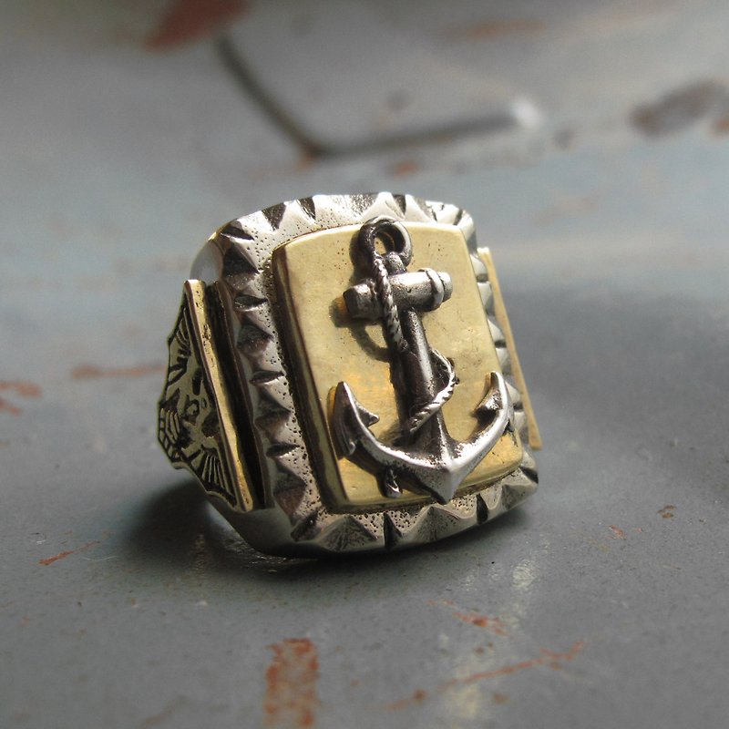 Mexican Biker Ring Skull silver Vintage brass anchor Navy world war sailor Eagle - General Rings - Other Metals Silver