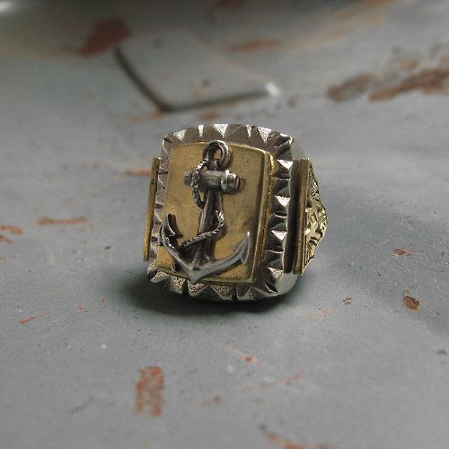 Mexican Biker Ring Skull silver Vintage brass anchor Navy world war sailor  Eagle