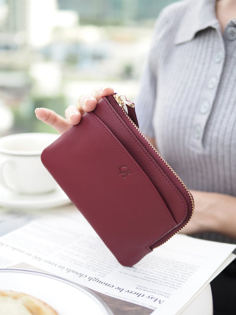 LoLa (Burgundy): Short zip wallet, Short wallet, cow leather, Dark red - 皮夾/長短夾/錢包 - 真皮 黑色