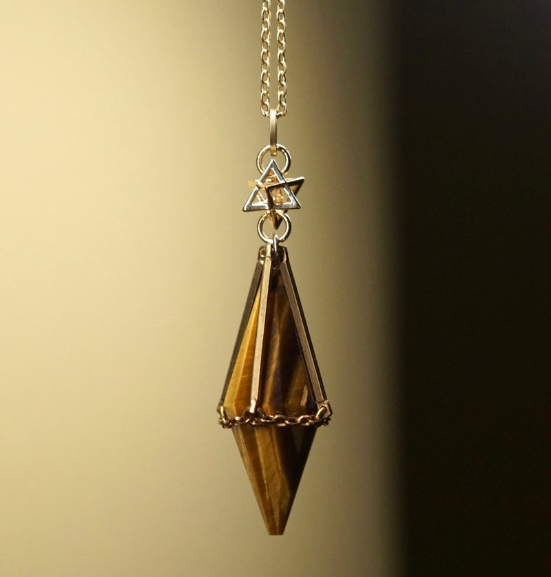 Sacred Bonding Yellow Tigers Eye stone Crystal Pendulum necklace - Necklaces - Copper & Brass Brown