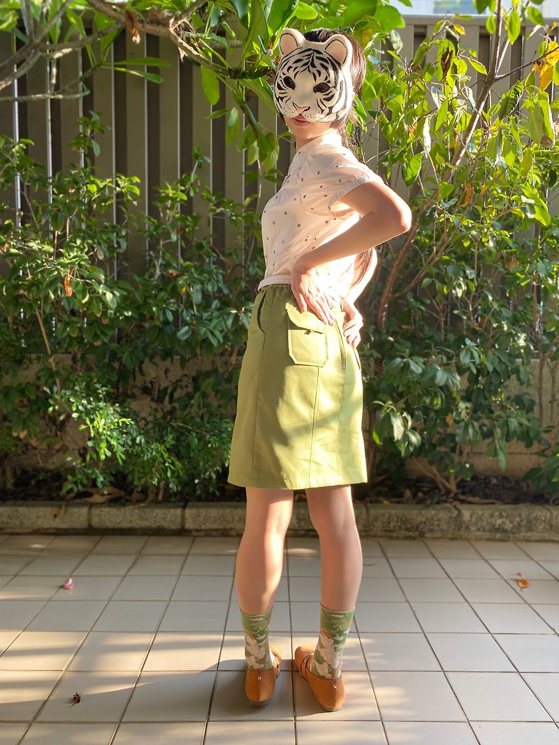 Grass green double pocket vintage narrow skirt - กระโปรง - ผ้าฝ้าย/ผ้าลินิน สีเขียว