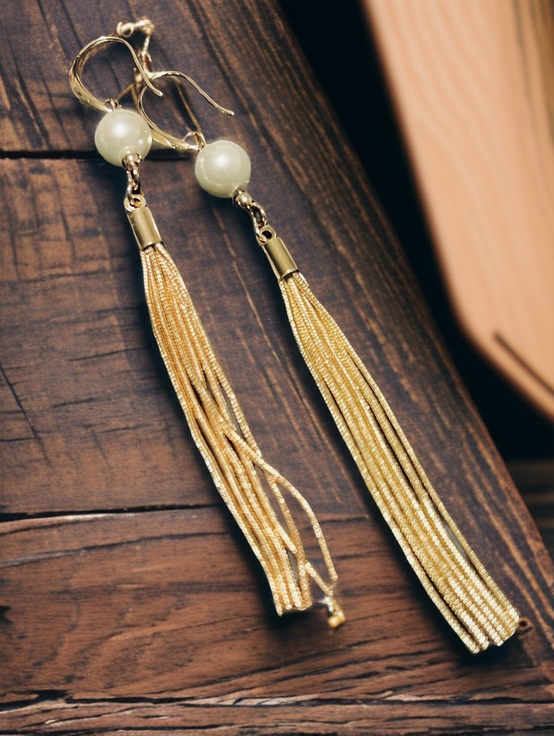 Non-Crystal Glass Pearl Tassel Long Earrings in 14k Gold - Earrings & Clip-ons - Other Metals Gold