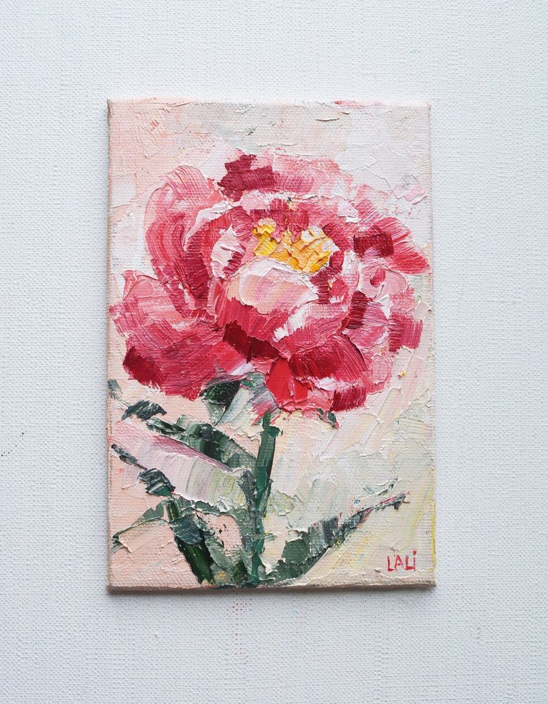牡丹原創油畫玫瑰畫現代藝術粉紅色花朵 15x10 厘米 - 插畫/繪畫/寫字 - 其他材質 粉紅色