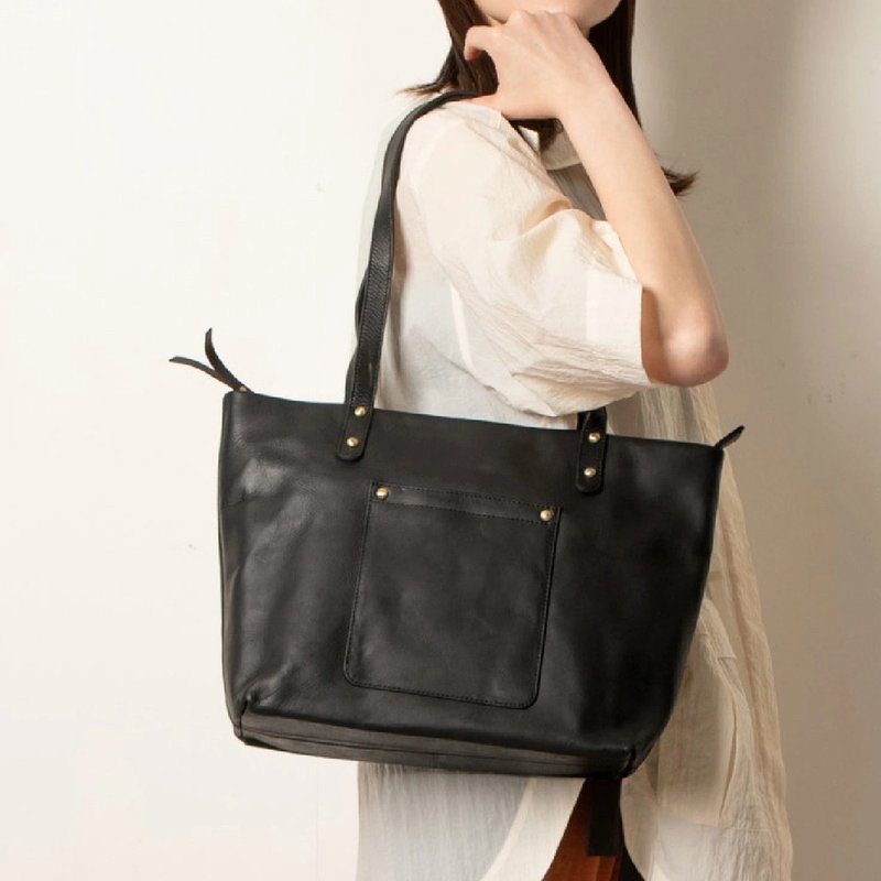 Tote bag, A4 file, bag, leather, cowhide, aged, Black HAB005 - กระเป๋าถือ - หนังแท้ สีดำ