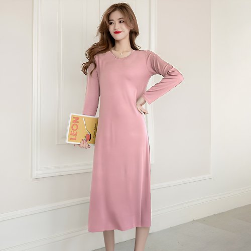 PINK LADY Pink Lady 3色-罩杯式 柔軟莫代爾長袖外穿長版女睡裙 居家服8033