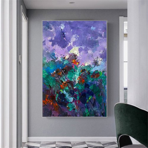 油絵手描き作品 夏の花手描き油絵/ブルー現代抽象画/オリジナル製品/装飾画リビング