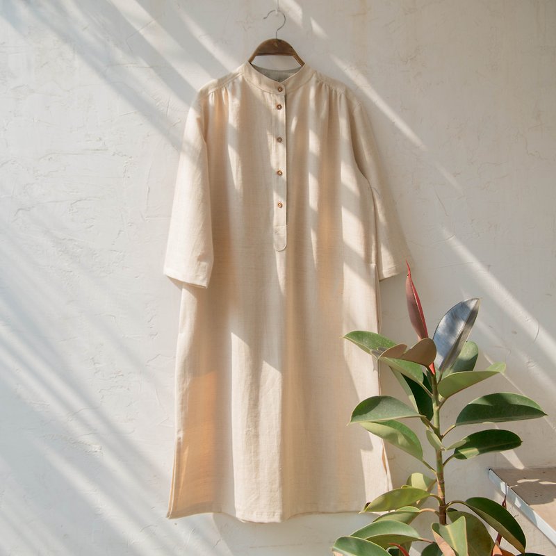 eggnog mandarin collar dress | handwoven natural dyed cotton | - 洋裝/連身裙 - 棉．麻 白色