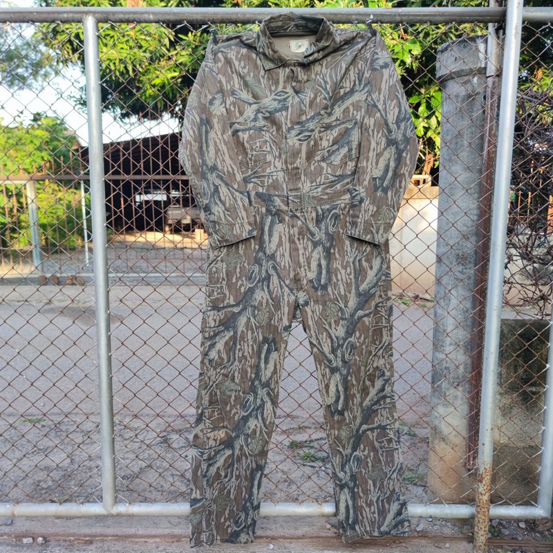 Vintage 80s Mossy Oak Full Foliage Camo Hunting Cotton Coveralls Size LG - 吊帶褲/連身褲 - 棉．麻 卡其色