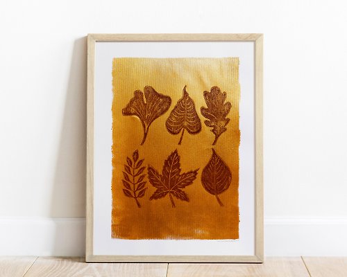 daashart Linocut print Gold and brown fall leaves Original artwork Autumn wall art 12x16