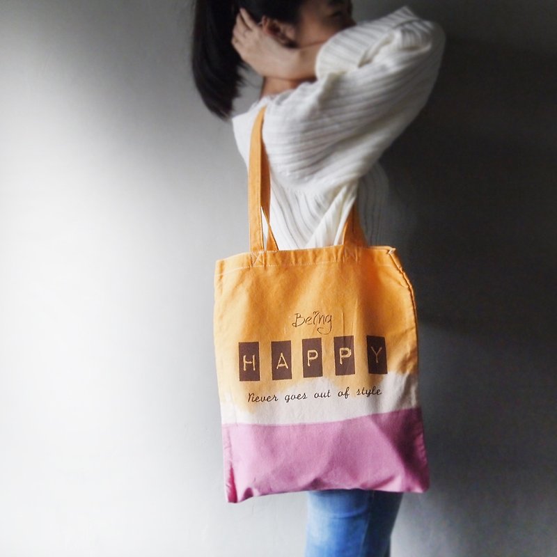 Gold yellow pink purple - Canvas hand dyed Tote bag back - กระเป๋าแมสเซนเจอร์ - ผ้าฝ้าย/ผ้าลินิน สีส้ม