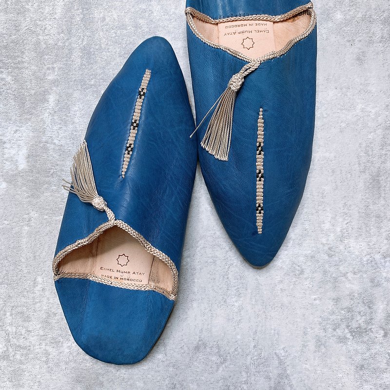 Moroccan balgha salar blue beige tassels - Indoor Slippers - Genuine Leather Blue
