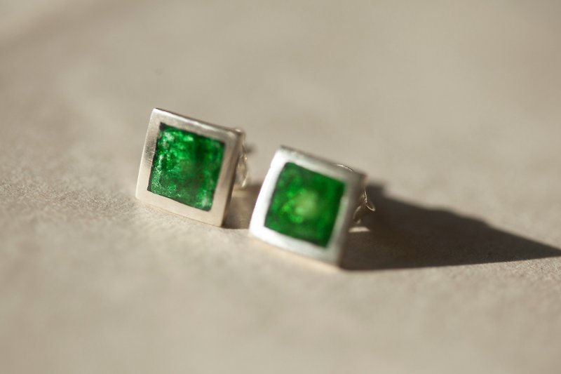 方形珐瑯耳環-黃綠透-單支 - 耳環/耳夾 - 琺瑯 綠色