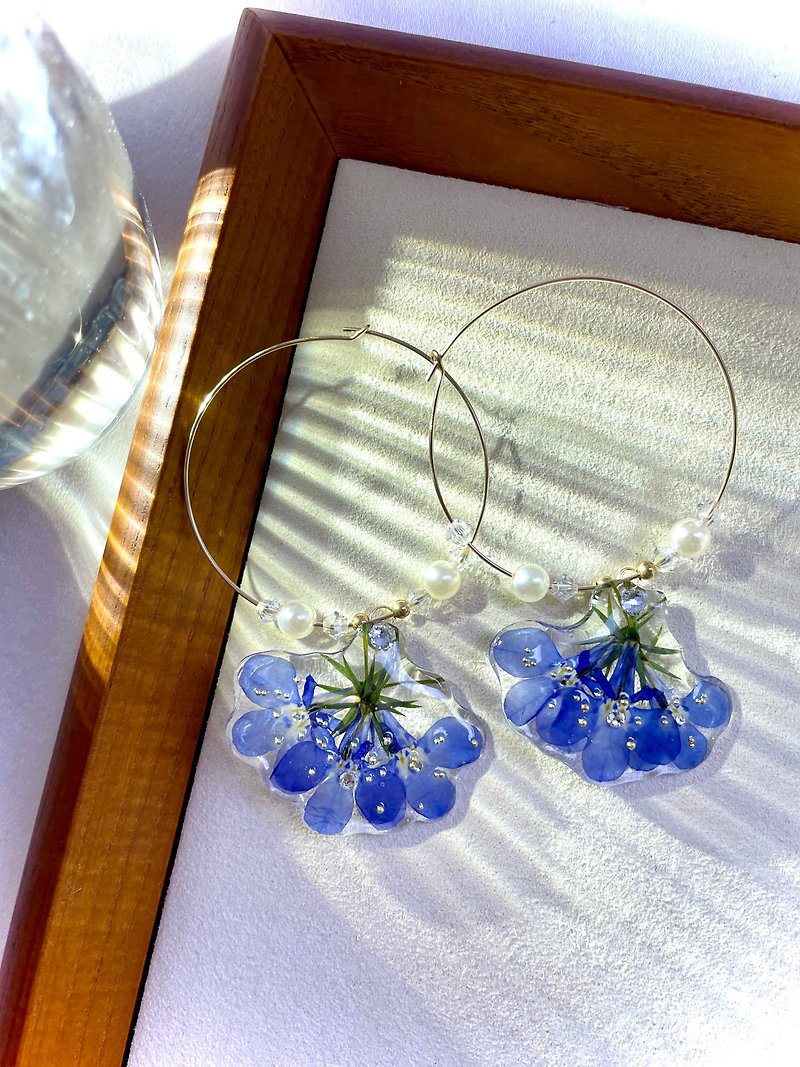 Real Lobelia flower Earrings Swarovski Crystals Pearls 14Kgf