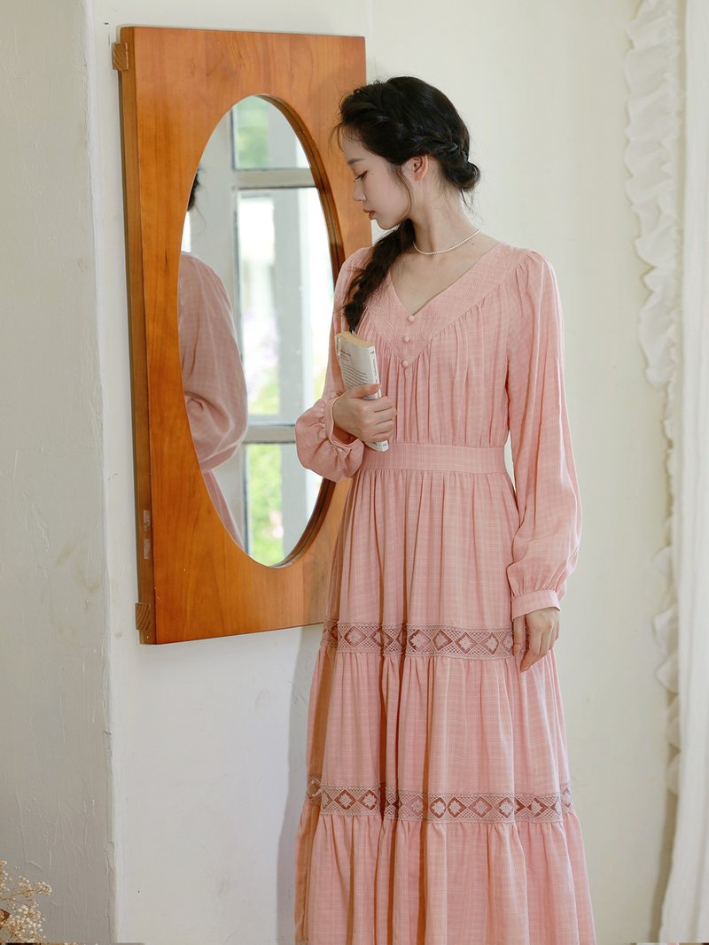 巫巫公主 / 格子蕾絲花邊連身裙 - 洋裝/連身裙 - 其他材質 粉紅色