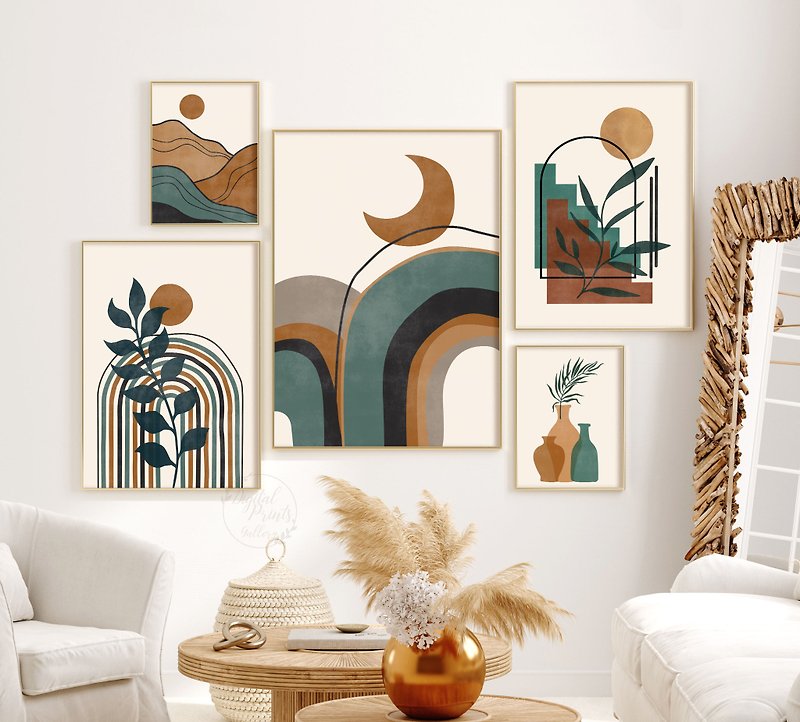 Boho Green Beige Wall Art Set of 5 Abstract Prints Digital Download Sun and Moon