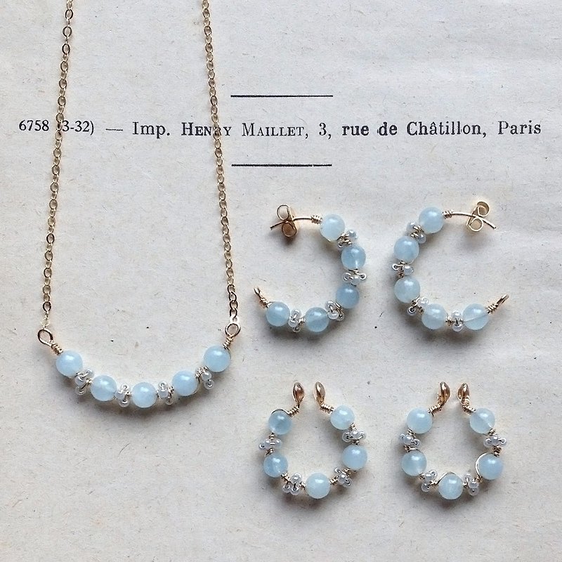 Goody Bag/14kgf Aquamarine and Vintage Beads Necklace and Hoop Earrings Set - 長頸鍊 - 寶石 藍色