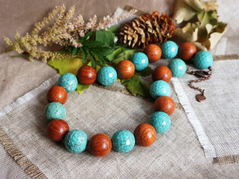 Teal Blue Turquoise Howlite Brown Wooden Large Beaded Necklace Woman Jewelry - 項鍊 - 木頭 藍色