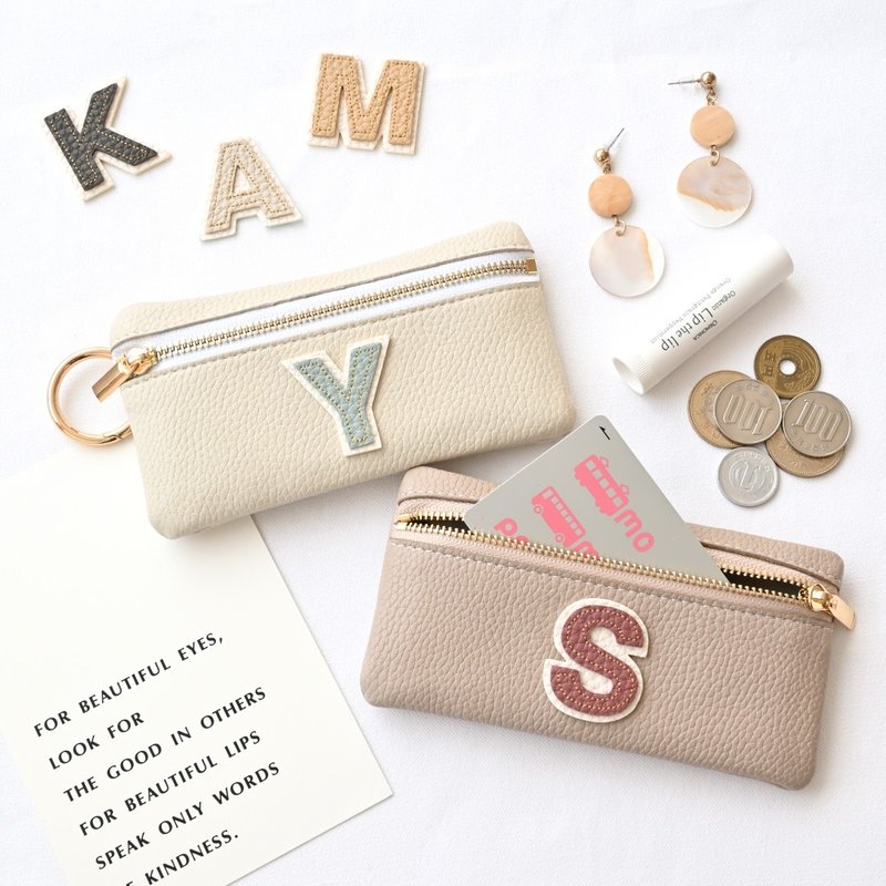 Top zipper pouch [simple initial stitch patch] coin purse, accessory case, coin case, mini wallet, leather, alphabet A279I - Toiletry Bags & Pouches - Faux Leather Brown